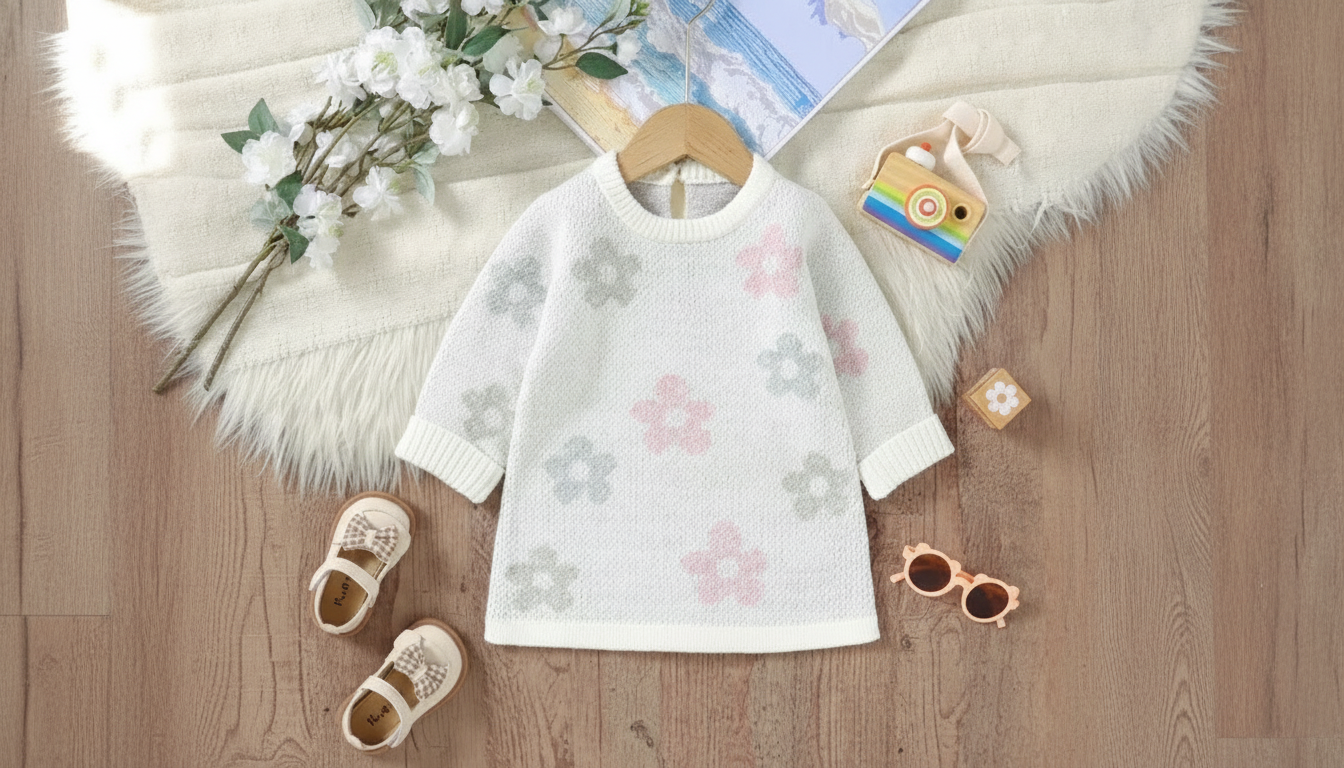 Cozy Knitted Baby Girl Sweater Dress with Floral Ruffles
